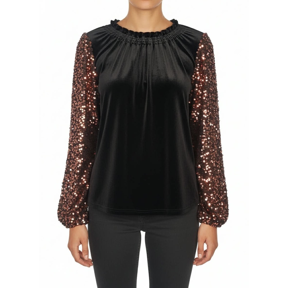 Sugar‎ Lips Velvet Top Sequin Sleeve Blouse Size medium Black Party Statement